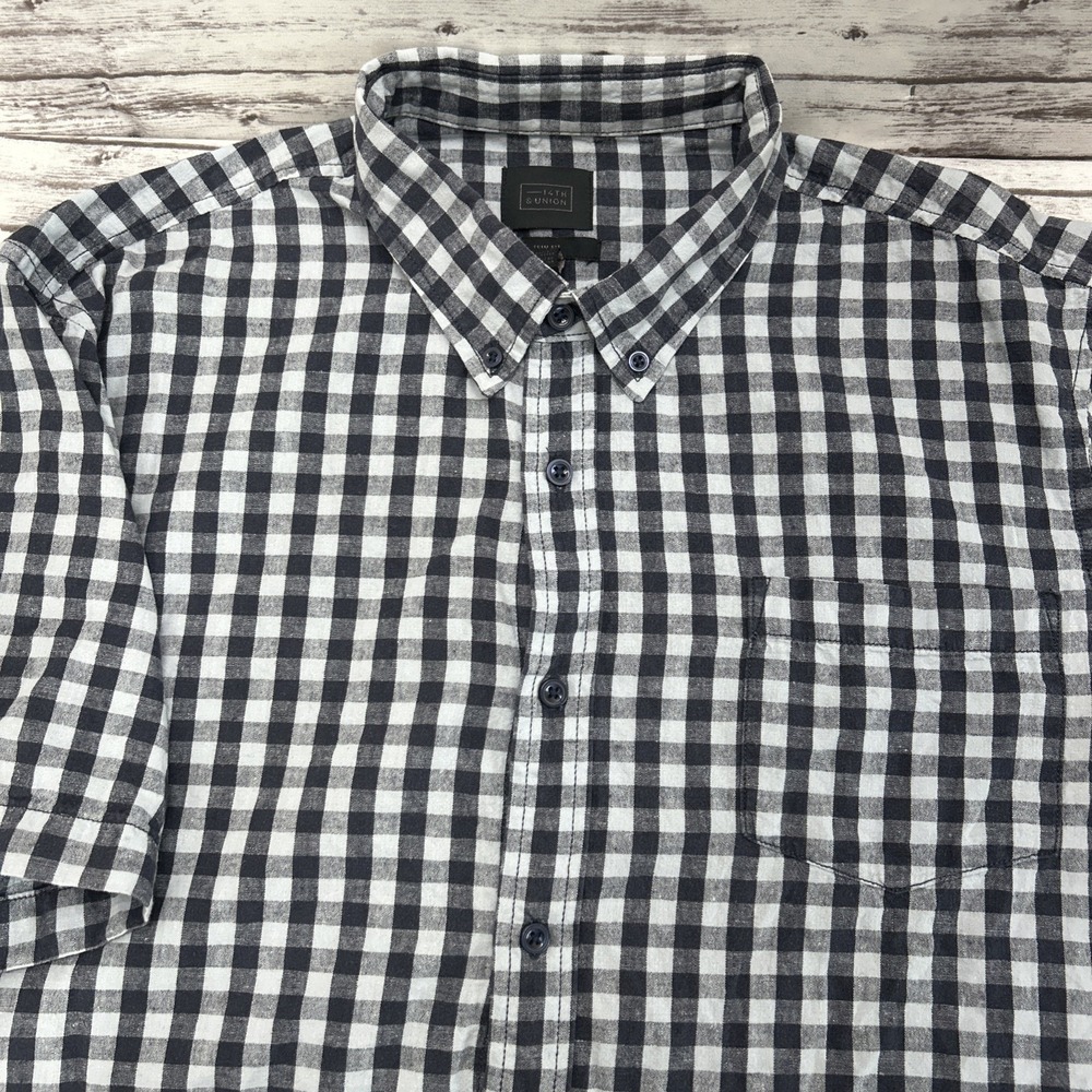 14th & Union Trim Fit Short Sleeve Linen Blend Button-Down Shirt Check Men's XL